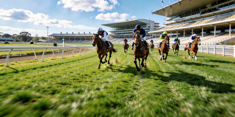 兰德威克赛马场草地赛道全景，马匹正在训练